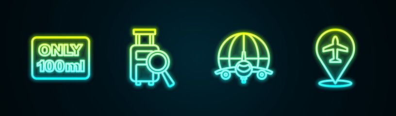 Set line Liquids in carry-on baggage, Lost, Globe with flying plane and Plane. Glowing neon icon. Vector