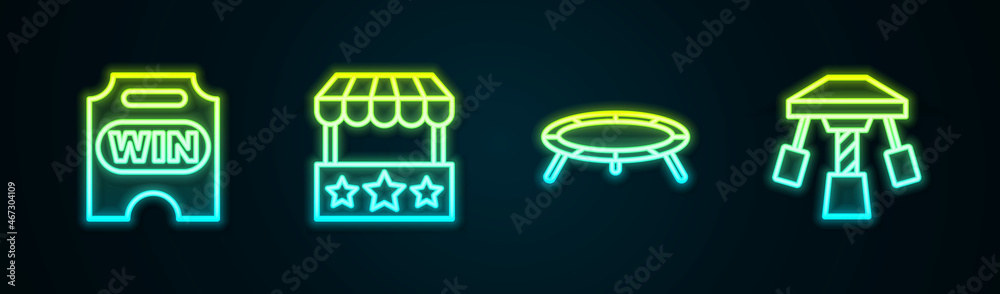 Poster set line circus ticket, ticket box office, jumping trampoline and attraction carousel. glowing neon 