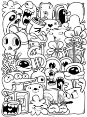Hand- drawm illustrations, monsters doodle, Cartoon crownd doodle handdrawn pattern, Doodle style.