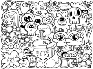 Hand- drawm illustrations, monsters doodle, Cartoon crownd doodle handdrawn pattern, Doodle style.
