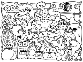 Hand- drawm illustrations, monsters doodle, Cartoon crownd doodle handdrawn pattern, Doodle style.