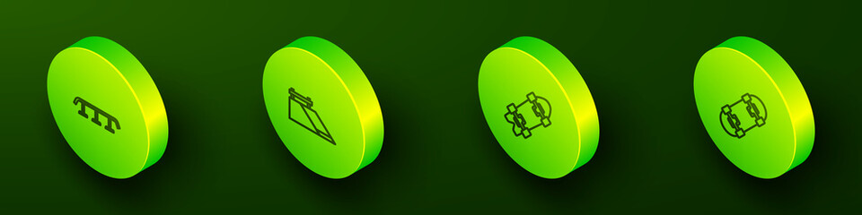 Set Isometric line Skateboard stairs with rail, park, Longboard or skateboard and icon. Vector