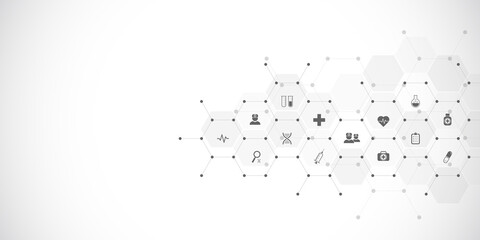 Illustration of medical background and healthcare technology with flat icons and symbols. Design template of concept and idea for health care business, innovation medicine, health safety, science