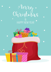 Merry Christmas card. Santa bag. Winter card design illustration for greetings, invitation, flyer, brochur. New year gift