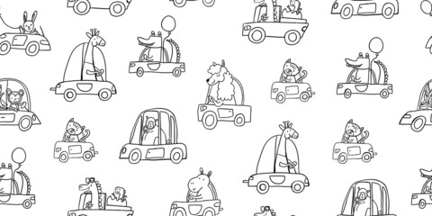 Vector seamless pattern with cute animals riding the car in outline ink black and white style. Doodle animals drivers set. crocodile, hippo, bear, lama, cat, dino, giraffe, monkey, rabbit