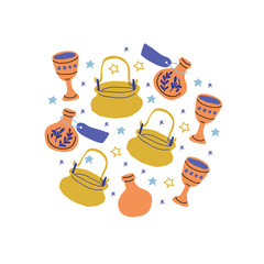 Round illustration with colorful magic cartoon bottles, stars, clouds, love potions, caldron in white. Magic elixir hand drawn collection isolated. Scandinavian style magician banner