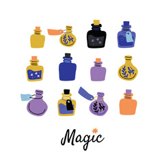 Vector set with colorful magic cartoon bottles and love potions. Vector illustration. Magic elixir hand drawn collection isolated on white. Scandinavian style magician square banner, poster - obrazy, fototapety, plakaty