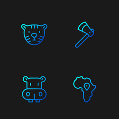 Set line Map of Africa, Hippo or Hippopotamus, Tiger head and Wooden axe. Gradient color icons. Vector