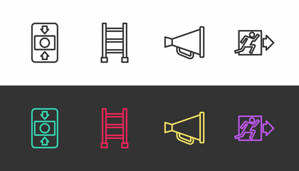 Set line Fire alarm system, escape, Megaphone and exit on black and white. Vector