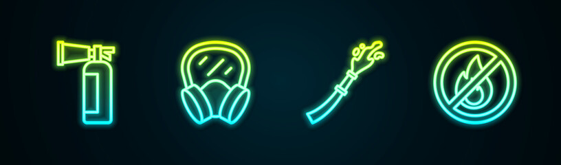 Set line Fire extinguisher, Gas mask, hose reel and No fire. Glowing neon icon. Vector
