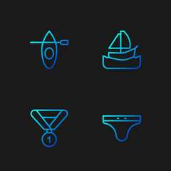 Set line Swimming trunks, Medal, Kayak and paddle and Yacht sailboat. Gradient color icons. Vector