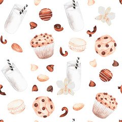 Seamless pattern of milk and cookies. Watercolor vintage illustration. For your design.