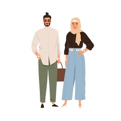 Modern Arab man and woman in fashion clothes. Muslim couple portrait wearing hijab and pants. Arabian male and female in trendy outfits. Colored flat vector illustration isolated on white background