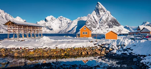 Foto op Aluminium Panoramic spring view of Sakrisoy village, Norway, Europe. Amazing morning scene of Lofoten Islads with typical wooden houses. Fabulous seascape of Norwegian sea. Life over polar circle. © Andrew Mayovskyy