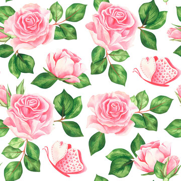 Pattern with pink roses. Watercolor vintage illustration. Isolated on a white background. For your design.
