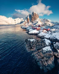 Poster Beautiful spring scenery. Amazing morning view of Hamnoy village, Lofoten Islands. Picturesque spring  seascape of Norwegian sea, Norway, Europe. Life over polar circle. © Andrew Mayovskyy