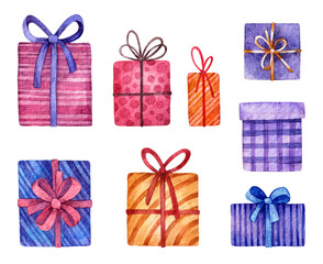 Watercolor Christmas set with gift boxes. Watercolor illustration isolated on white background.