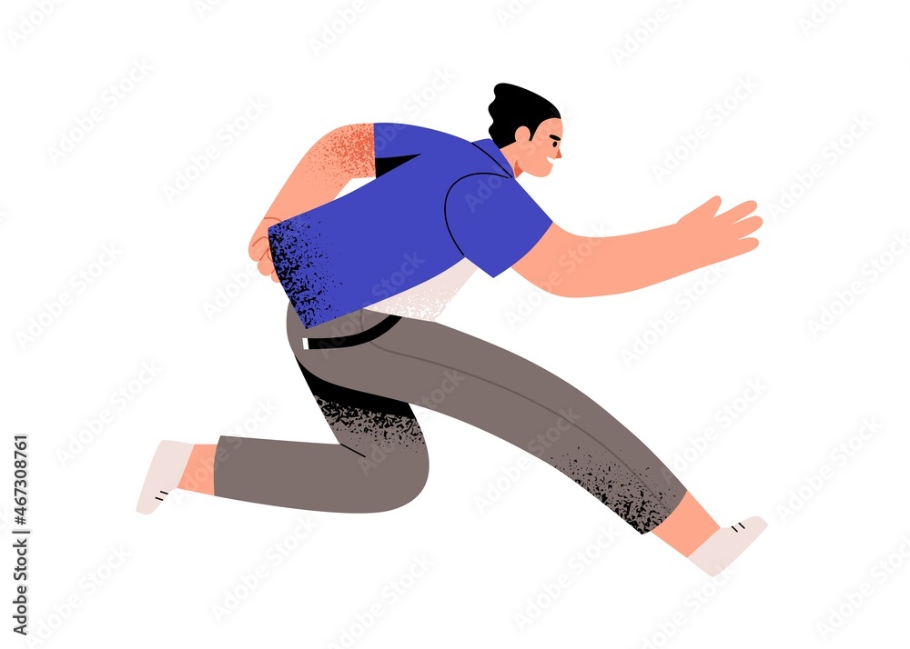 Poster Person running at fast speed, hurrying and rushing in life race. Concept of aspirations and challenges. Man moving forward with all might. Colored flat vector illustration isolated on white background