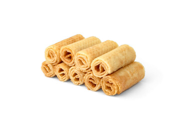 Crispy wafer rolls isolated on white background.
