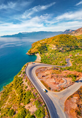 View from flying drone of zigzag road. Exciting summer scene of Peloponnese peninsula, Greece,...
