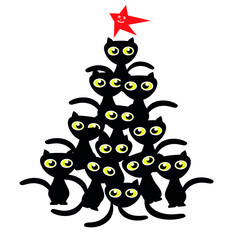 Naklejka premium Christmas tree in the form of black cats. Black cats with yellow eyes form a christmas tree. Christmas card for cat lovers.