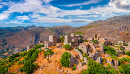 Ruins of ancient village fortress of Mani Peninsula - Vathia. Spectacular summer scene of...