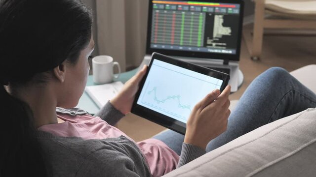 young people online earning investment concept,woman trader trading from home using tablet computer device showing graphics charts internet application.mov
