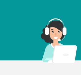 Female operator with headphones, microphone on blue background.