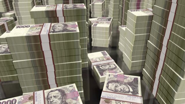 Czech koruna money notes packs loop. 3D flight over CZK banknotes stacks towers. Loopable seamless abstract background concept of business, economy crisis and finance.