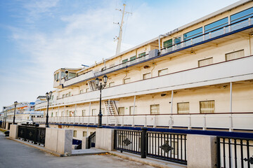motor ship on the pier. river cruises and water trips. 