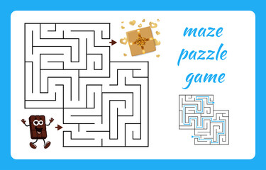 Puzzle for children. Children's maze with funny cartoon chocolate and golden gift box. Vector maze.