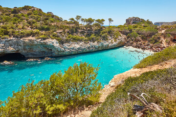 Obraz premium Turquoise waters in Mallorca. Moro beach. Mediterranean coastline. Balearic islands