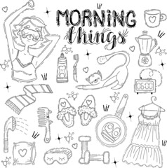 Set of vector illustrations about the morning routine with a sleepy girl, a cat, lettering and objects in black and white doodle style.