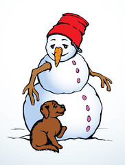 Snowman and dog. Vector drawing.