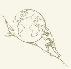 A man rolls a earth up the hill. Vector drawing