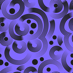 Abstract seamless pattern with black lines and circles. Futuristic purple background