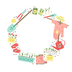 Lining with garden tools in a circular composition on a white background. Garden tools, shovels, gloves, watering can, plants, seeds, pots, pruners, pitchfork, scarecrow. Flat vector illustration.