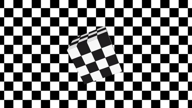 Abstract 3d Optical illusion checkerboard, checker cube texture pattern rotating. Animation video background chess black and white pattern