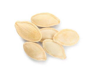 Pile of natural pumpkin seeds on white background