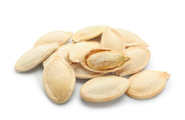 Pile of natural pumpkin seeds on white background