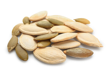 Pile of natural pumpkin seeds on white background