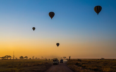 Scenic sunrise with hot air balloons at Serengeti National Park, Tanzania