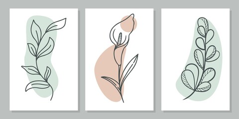 Fototapeta na wymiar Set of line art paintings, vector illustration. Collection of botanical minimalist paintings, wall decoration. One line contour modern drawing. Vector illustration with flower and deciduous twigs.