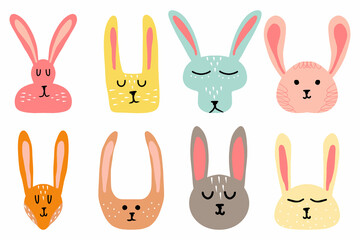 Childrens hand-drawn set of rabbit heads. Set of cute hares.