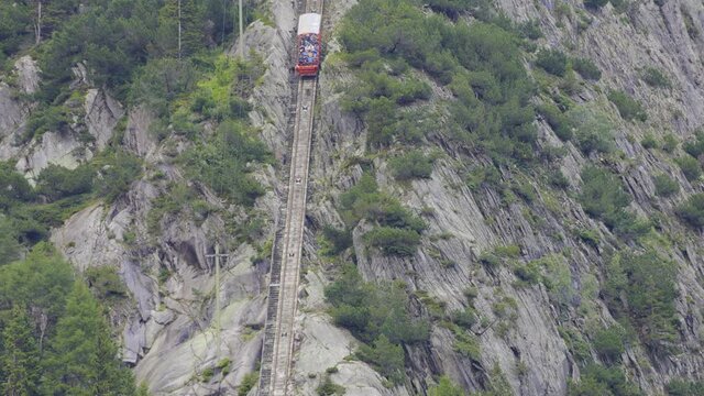 View on Gelmer Funicular, cable railway, one of the steepest funicular in Switzerland. Valley of the upper Aar River, Canton Bern.