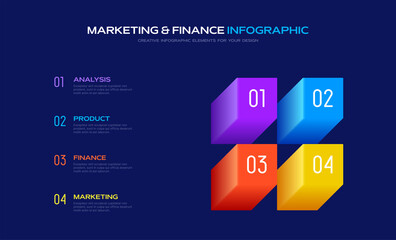 4 Steps Infographic banner. Colorful shapes on dark background. 