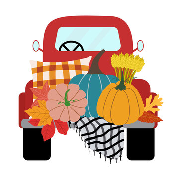 recommend clip art: Fall red pickup truck with pumpkins, pillow, warm blanket, leaves, isolated on white background. Vector harvest illustration.