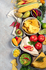 Mexican dishes and snacks assortment on light gray background.