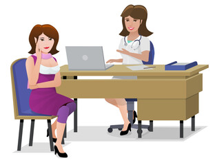 A young woman sits on a chair in front of a female doctor's wooden desk listening to her on a white background