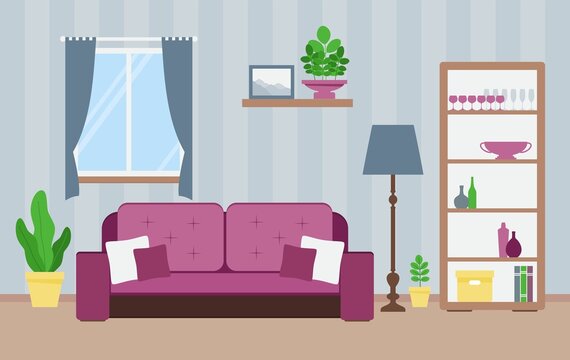 Living room interior. Furniture: comfortable sofa, cupboard, floor lamp, picture, window and house plants. Vector flat illustration.
